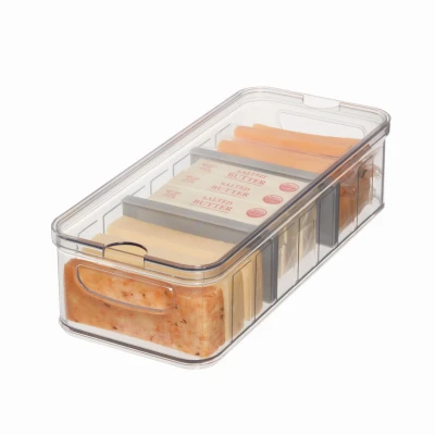 Refrigerator Produce Storage Crisper Bin with Two Adjustable Dividers and Lid, BPA-Free Clear Plastic