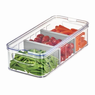 Refrigerator Produce Storage Crisper Bin with Two Adjustable Dividers and Lid, BPA-Free Clear Plastic