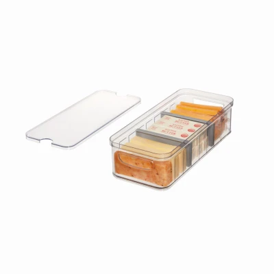 Refrigerator Produce Storage Crisper Bin with Two Adjustable Dividers and Lid, BPA-Free Clear Plastic