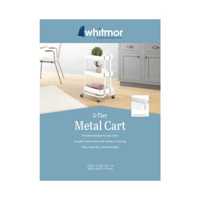 Three-Tier White Metal Utility Cart Shelf, 13.35 Inches by 17 Inches by 31 Inches