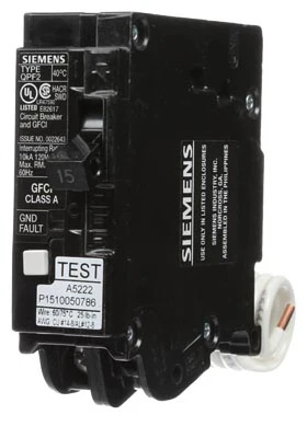 GFCI Circuit Breaker, 1 In. Space, 15 Amp