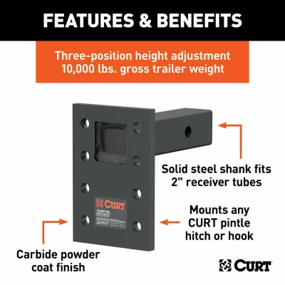 Adjustable Pintle Mount, Fits 2 In. Hitch Receiver, 10,000 Lbs., 6-1/2 In. Drop, 6 In. Length