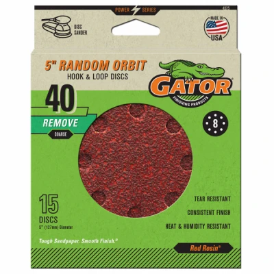 Random Orbit Sanding Discs, Hook & Loop, 8 Holes, 40 Grit, 5 In., 15-Pk.