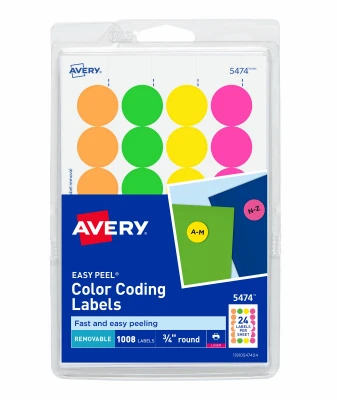 Removable Neon Color Coding Labels, 3/4 In. Round, 1008-Pk.