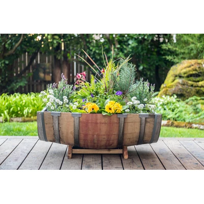 Oak Wood Barrel Garden Planter with Natural Finish, Durable Outdoor Decorative Pot