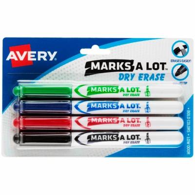 Pen Style Dry Erase Markers, 4-Color 4-Pk.