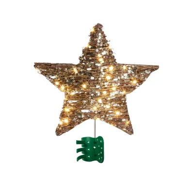 Lighted Rattan Star Tree Topper, 40 Warm White LED Micro Lights, 13 In.
