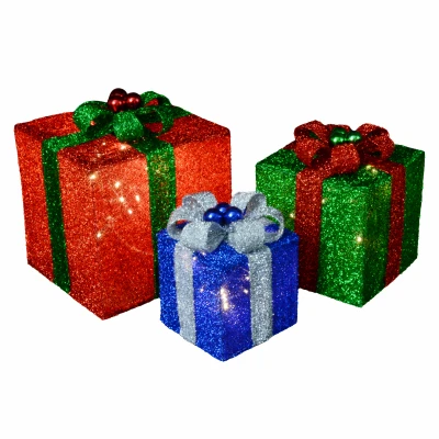 Three Piece Lighted Christmas Presents Set, 8 Inch, 10 Inch, and 12 Inch Sizes