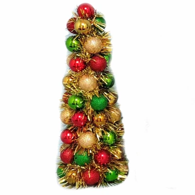 Glitter Ball Cone Tree, Red, Gold & Green/Gold Tinsel, 17 In.