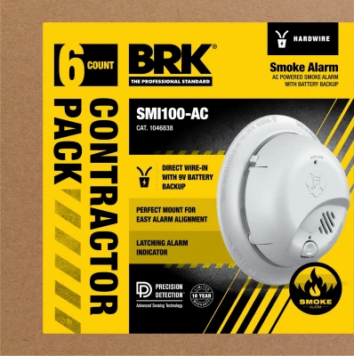 Hardwired Smoke Alarm, Battery Backup, Contractor 6-Pk.