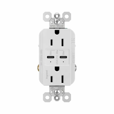 Tamper-Resistant 15 Amp Duplex Electrical Outlet with Ultra-Fast Type C and Type C USB Ports in White