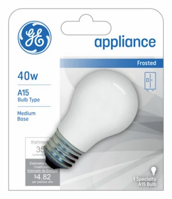 Frosted Appliance Bulb, A15, Medium Base, 40 Watts