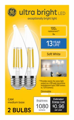 LED 8w candle bulb w/medium base. SW ultra bright 2pk