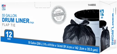 Drum Liner Trash Bags, Wing Tie, Black, 55 Gallons, 12-Ct.