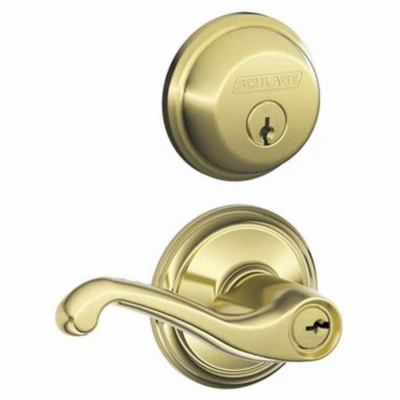 Bright Brass Single Cylinder Deadbolt & Flair Lever Combo Pack