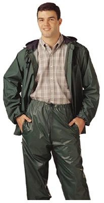 Storm-champ Medium Green Pvc/nylon Rainsuit With Hood And Pouch