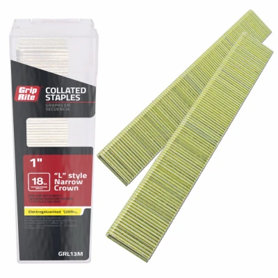 Collated Narrow Crown Staples, L-Style Electrogalvanized Steel, 1 In. x 18 Gauge, 1000-Pk.