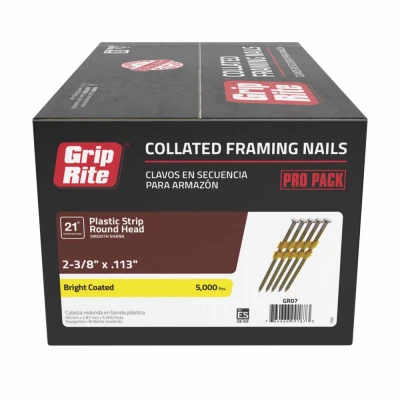 Collated Framing Nails, Steel, Plastic Strip, Full Round Head, 21 Degree, 2-3/8 x .113 In., 5000-Pk.