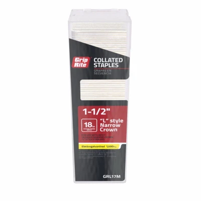 Collated Narrow Crown Staples, L-Style Electrogalvanized Steel, 1-1/2 In. x 18 Gauge, 1000-Pk.