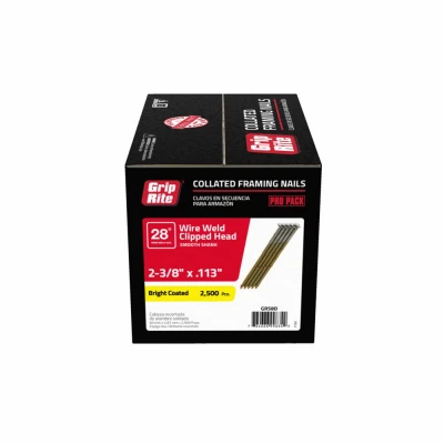 Collated Framing Nails, Bright, Clipped Head, 28 Degree, 2-3/8 In. x 11.5 Gauge, 2500-Pk.