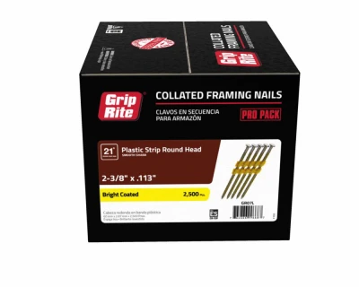 Collated Framing Nails, Smooth Steel Shank, Round Head, Plastic Strip, 21 Degree, 2-3/8 x .113 In., 2500-Pk.