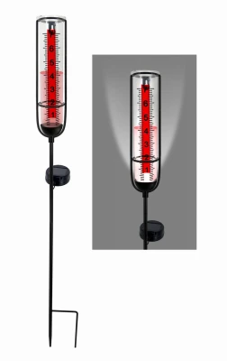 Solar Lighted Rain Gauge, Red Metal, Staked