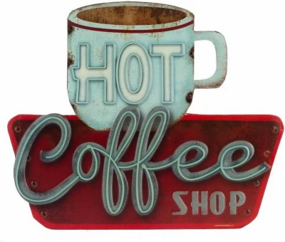 3D Embossed Metal  Hot Coffee Shop  Sign, Indoor/Outdoor Use