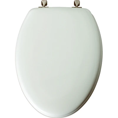 Elongated Molded Wood Toilet Seat, STA-TITE® Brushed-Nickel Hinge, White