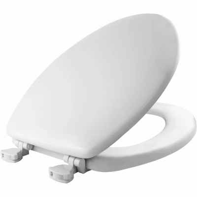 Elongated Molded Wood Toilet Seat with Easy-Clean and Change Hinge in White Finish