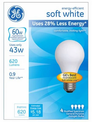 A-Line Halogen Light Bulb, Soft White, 43-Watts, 4-Pk.