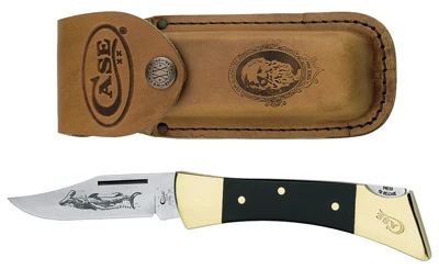Hammerhead Lockback Pocket Knife, With Leather Sheath, Etched Stainless Steel/Black Synthetic, 5-In. Length Closed