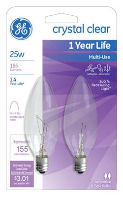Light Bulb, Candelabra, Clear, 25 Watt, 2-Pk.