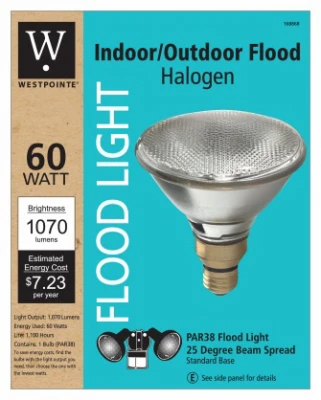 Flood Light Bulb, Halogen, Indoor/Outdoor Par 38, 60-Watts