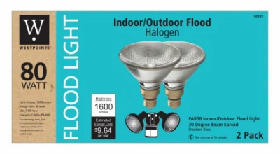 Flood Light Bulb, Halogen, Indoor/Outdoor, Par 38, 80-Watts, 2-Pk.