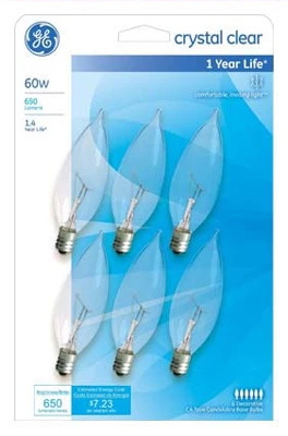Decorative Light Bulb, Candle Shape, Candelabra Base, 60-Watts, 6-Pk.