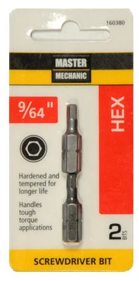 Screwdriver Insert Bit, 9/64 In. Hex, 1 In., 2-Pk.