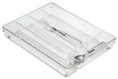 Cutlery Tray, Clear/Chrome, 10.8 x 13.8 x 2 In.