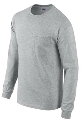 Medium Sports Gray Long-Sleeve Pocket T-Shirt 100 Percent Cotton
