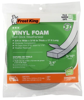Vinyl Foam Weatherstrip Tape, 3/4W x 3/16 In. T x 17 Ft.