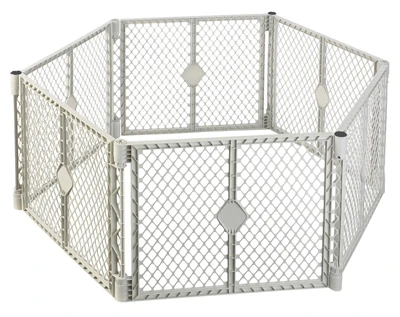 Portable Play Yard, 6-Panel, Light Gray Plastic, 18.5-Sq. Ft. x 26-In.