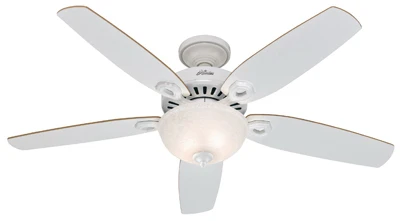 Builder Deluxe Ceiling Fan with Light, White With Linen Glass, 5 Blades, 52-In.