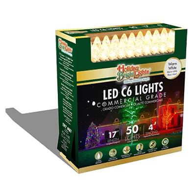 Christmas LED Light Set, 50 Lights, C6 Bulbs, Commercial Grade, Warm White