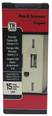 Pass & Seymour USB Charger, 2-Outlet, White, 15-Amp