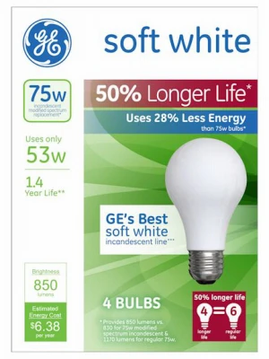 Soft White Halogen Bulb, Long Life, Medium Base, 53-Watts, 4-Pk.