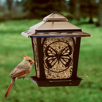 Bird Feeder, Hopper Style With Butterfly Accents, Metal