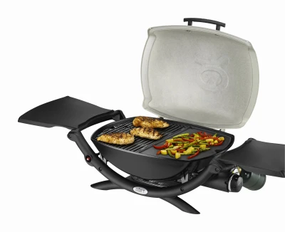 Q-2200 Portable Liquid Propane Gas Grill with Folding Tables, Built-In Thermometer, 12,000 British Thermal Units, Titanium Finish