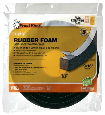 Rubber Foam Weatherseal Tape, 1/2W x 9/16 In. T x 10 Ft.