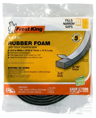 Rubber Foam Weatherseal Tape, 3/8W x 3/16 In. T x 10Ft.