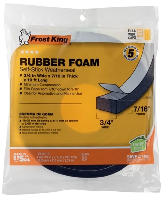 FROST KING Rubber Foam Weatherseal Tape, 3/4W x 7/16-In. T x 10-Ft.