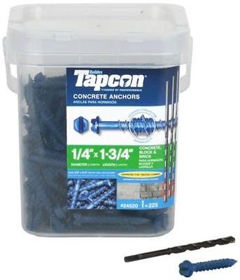 Concrete Screw Anchors, Hex Washer Head, 1/4 x 1-3/4 In., 225-Pk.